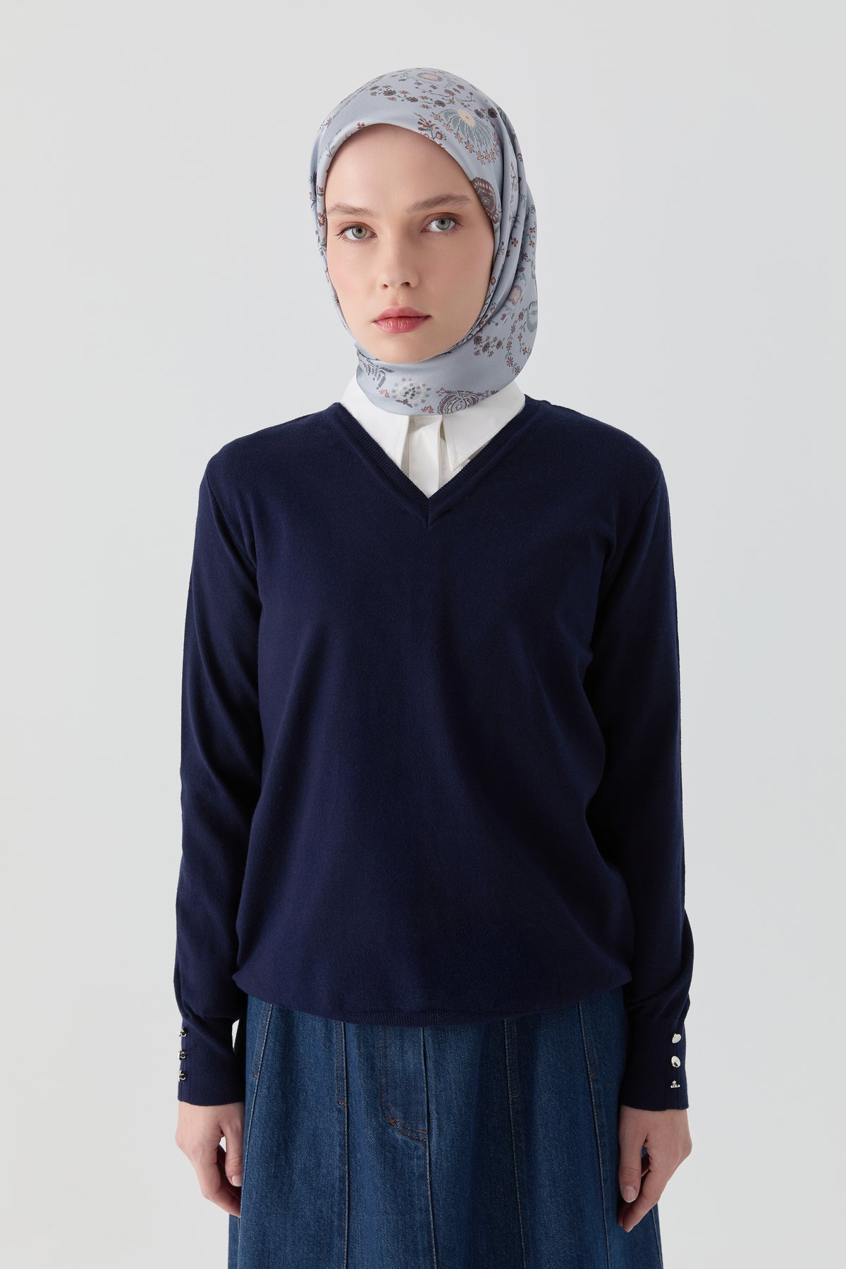 V-Neck Sleeve Button Detailed Sweater - Navy Blue