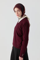 V Yaka Kol Düğme Detaylı Kazak - Bordo TUGBA