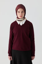 V Yaka Kol Düğme Detaylı Kazak - Bordo TUGBA