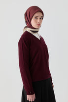 V Yaka Kol Düğme Detaylı Kazak - Bordo TUGBA