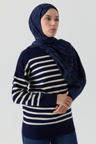 Sim İpli Çizgili Triko Tunik - Lacivert - Ekru TUGBA