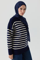 Sim İpli Çizgili Triko Tunik - Lacivert - Ekru TUGBA
