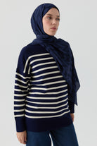 Sim İpli Çizgili Triko Tunik - Lacivert - Ekru TUGBA