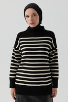 Sim İpli Çizgili Triko Tunik - Siyah - Ekru TUGBA