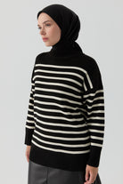 Sim İpli Çizgili Triko Tunik - Siyah - Ekru TUGBA