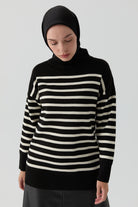 Sim İpli Çizgili Triko Tunik - Siyah - Ekru TUGBA