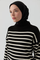 Sim İpli Çizgili Triko Tunik - Siyah - Ekru TUGBA