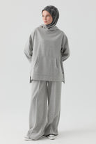 Bel Lastikli Nervürlü Örme Pantolon - Gri TUGBA