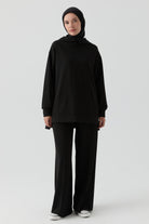 Bel Lastikli Nervürlü Örme Pantolon - Siyah TUGBA