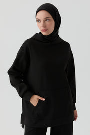 Kanguru Cepli Örme Sweat - Siyah TUGBA