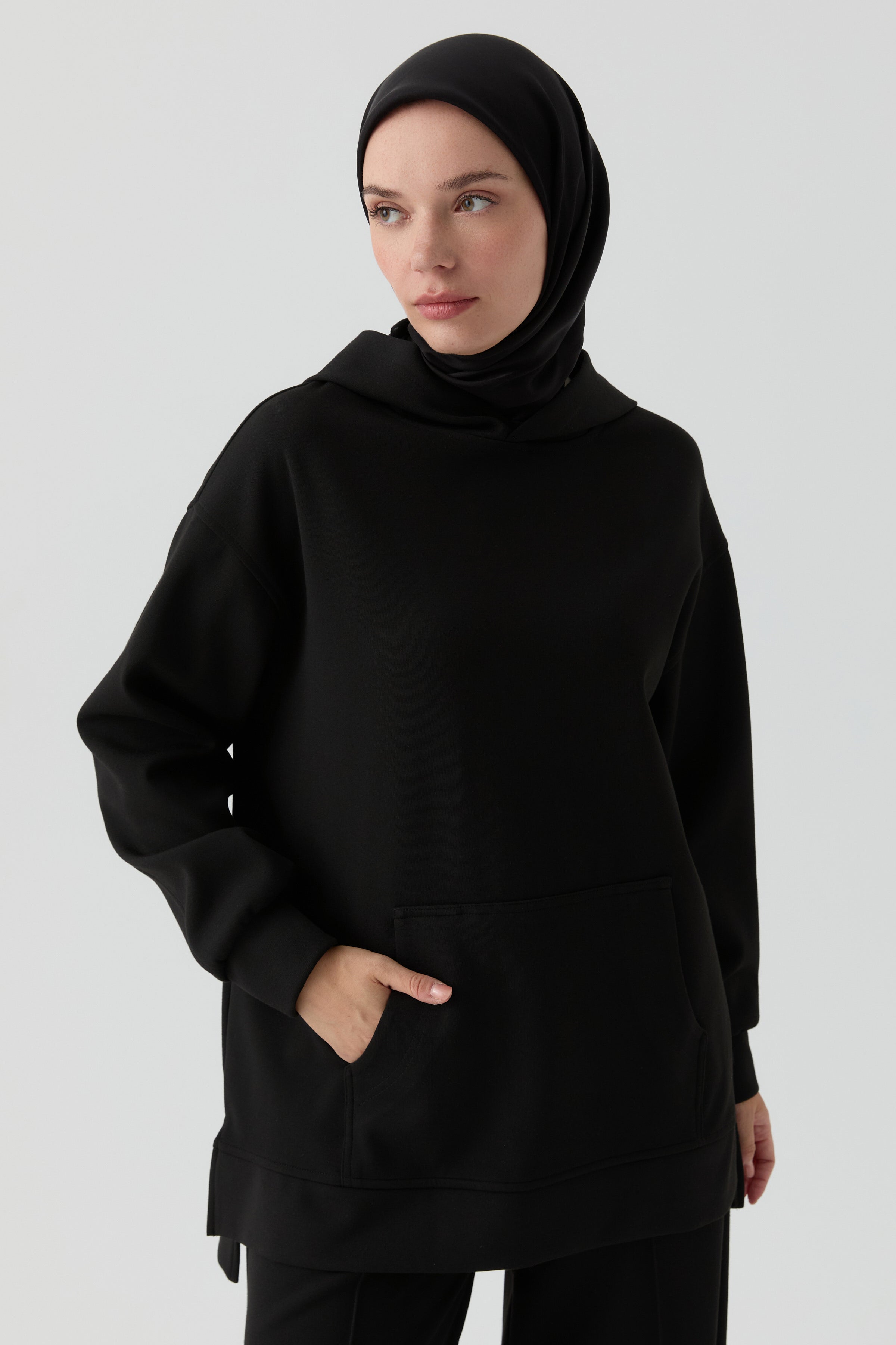 Kanguru Cepli Örme Sweat - Siyah TUGBA