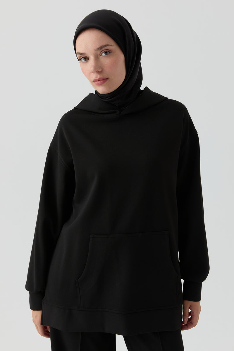 Kanguru Cepli Örme Sweat - Siyah TUGBA