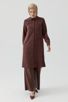 Aplike Lazer Nakış Detaylı Tunik - Kahve TUGBA