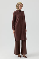 Aplike Lazer Nakış Detaylı Tunik - Kahve TUGBA