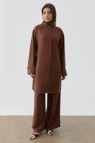 Pileli Keten Pantolon - Acı Kahve TUGBA