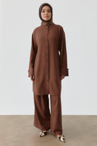 Pileli Keten Pantolon - Acı Kahve TUGBA