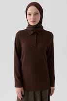 Polo Yaka Örme Bluz - Kahve TUGBA