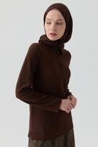 Polo Yaka Örme Bluz - Kahve TUGBA