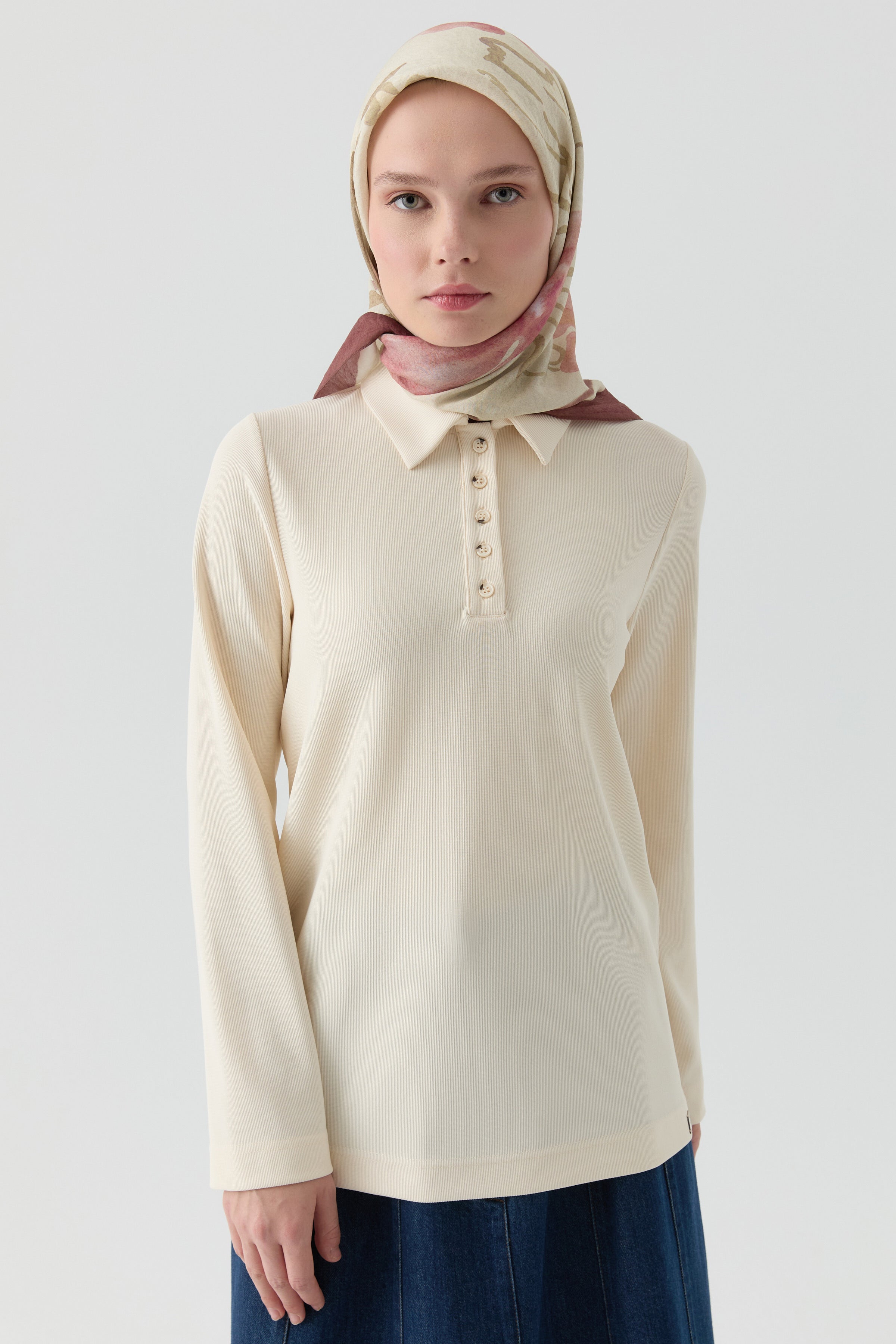 Polo Yaka Örme Bluz - Ekru TUGBA