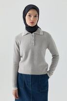 Çizgili Triko Kazak - Gri TUGBA