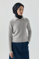 Çizgili Triko Kazak - Gri TUGBA