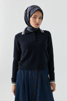 Çizgili Triko Kazak - Lacivert TUGBA