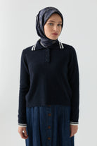 Çizgili Triko Kazak - Lacivert TUGBA