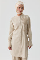 Nakışlı Bel Bağcıklı Tunik - Bej TUGBA