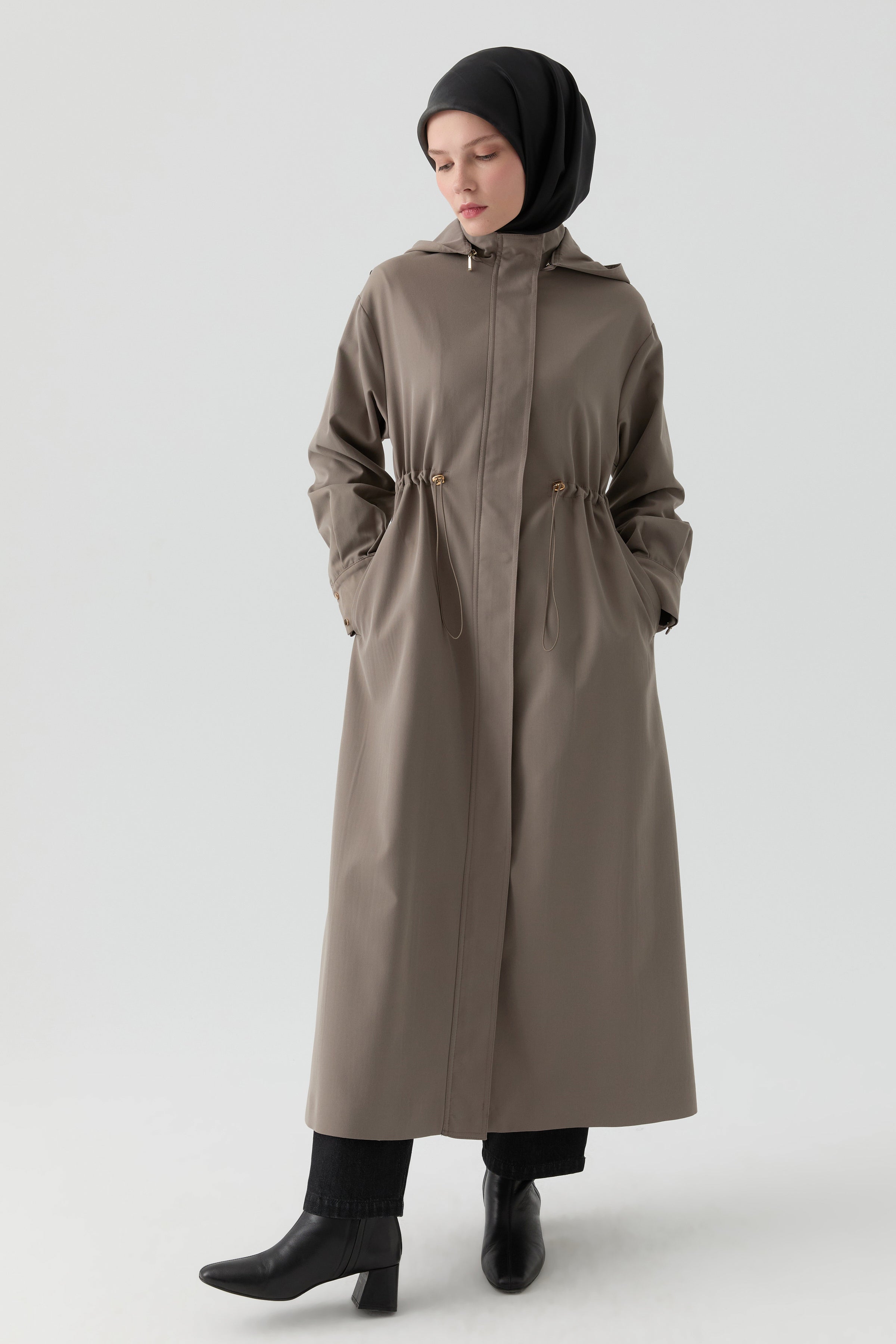 Yandan Çıtçıt Detaylı Pardesü - Vizon TUGBA