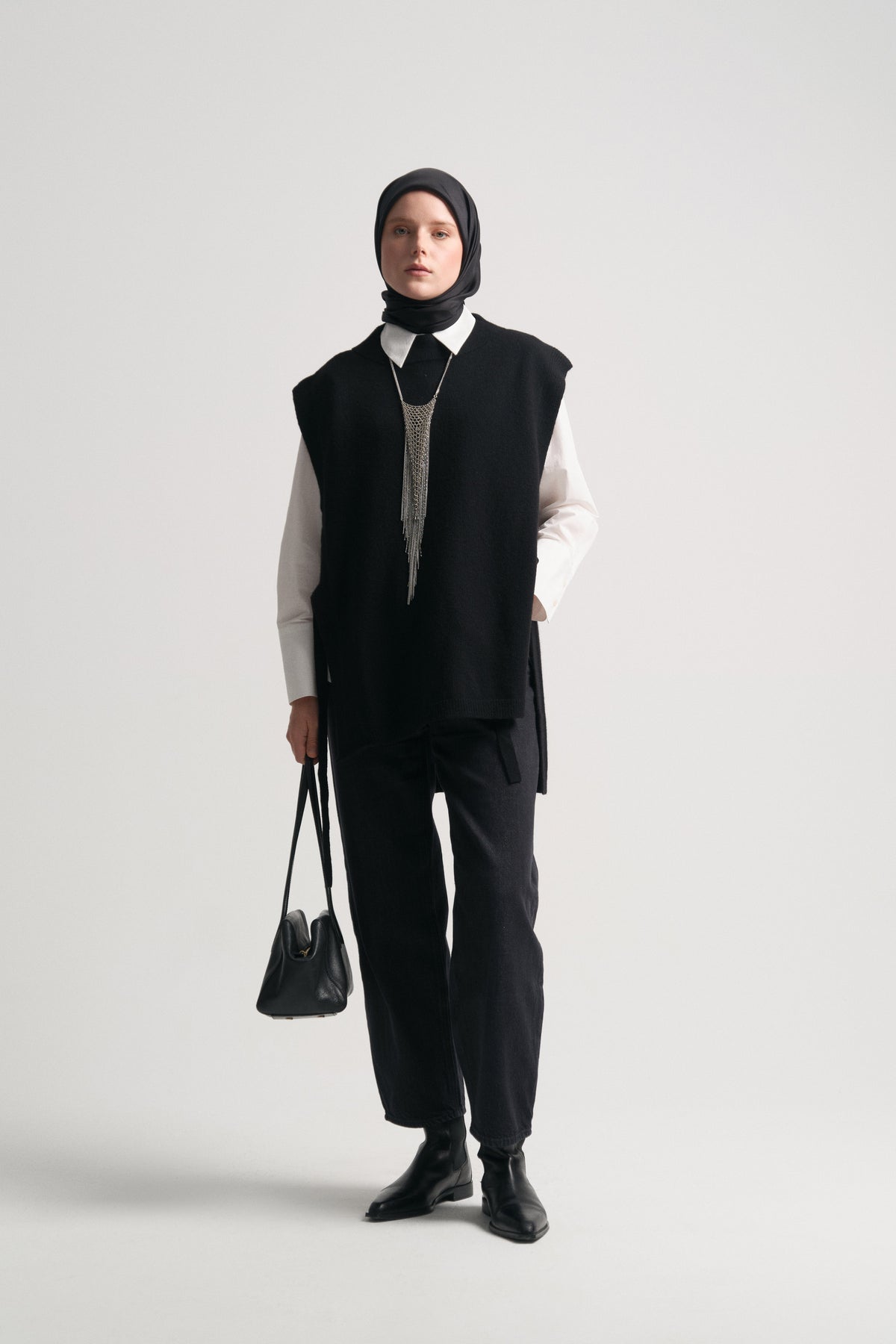 Wool Blend Half Fisherman Sweater - Black