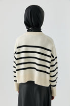 Bisiklet Yaka Çizgili Hırka - Ekru - Siyah TUGBA