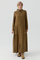 Büzgü Detaylı Elbise - Olive TUGBA