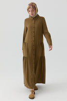 Büzgü Detaylı Elbise - Olive TUGBA