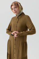 Büzgü Detaylı Elbise - Olive TUGBA