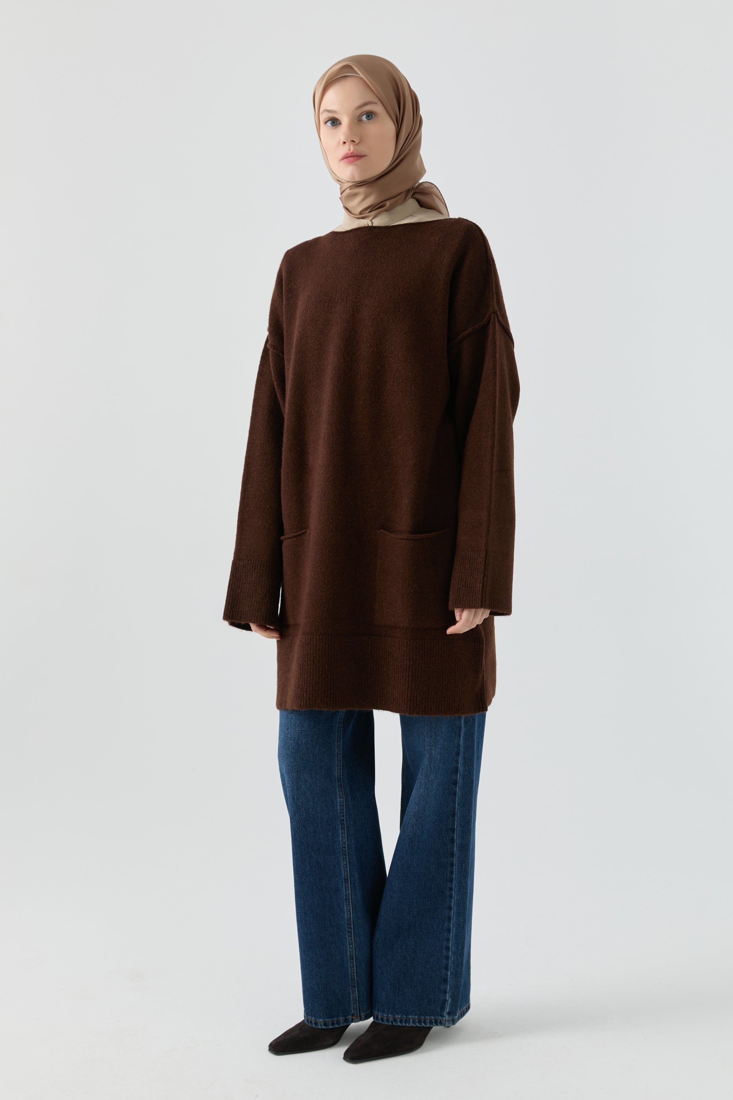 Kırçıl Desenli Tunik - Koyu Kahve TUGBA