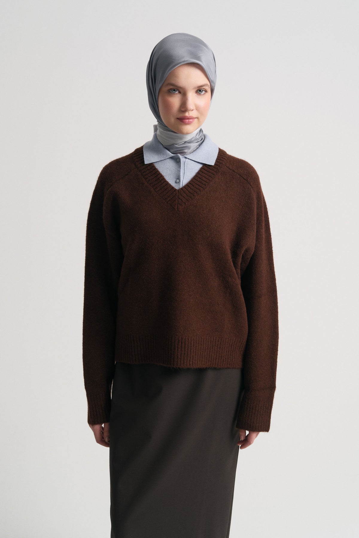 Acrylic Blend V-Neck Sweater - Dark Brown