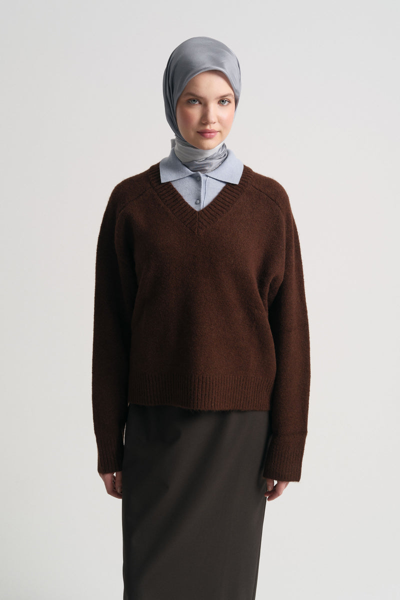 Acrylic Blend V-Neck Sweater - Dark Brown