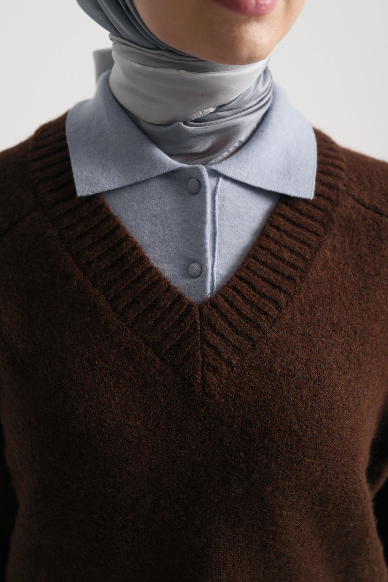 Acrylic Blend V-Neck Sweater - Dark Brown