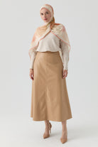 Kesik Detaylı Suni Deri Çan Etek - Bej TUGBA