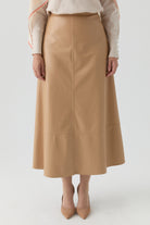 Kesik Detaylı Suni Deri Çan Etek - Bej TUGBA