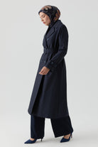 Rüzgarlık Detaylı Kruvaze Trençkot - Lacivert TUGBA