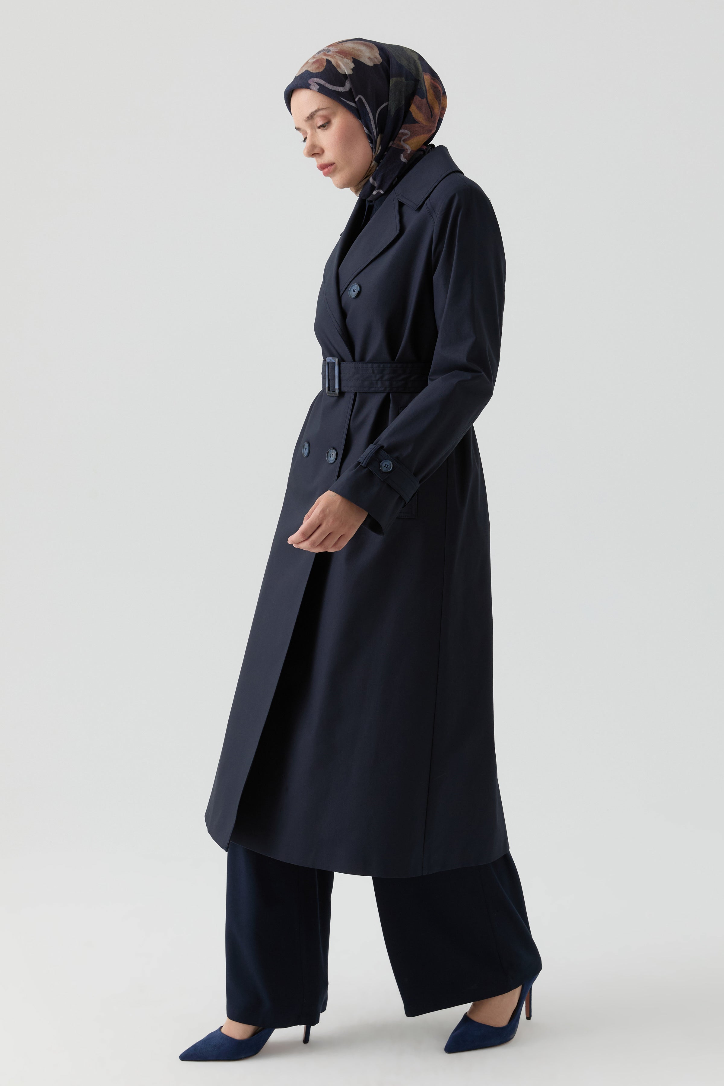 Rüzgarlık Detaylı Kruvaze Trençkot - Lacivert TUGBA