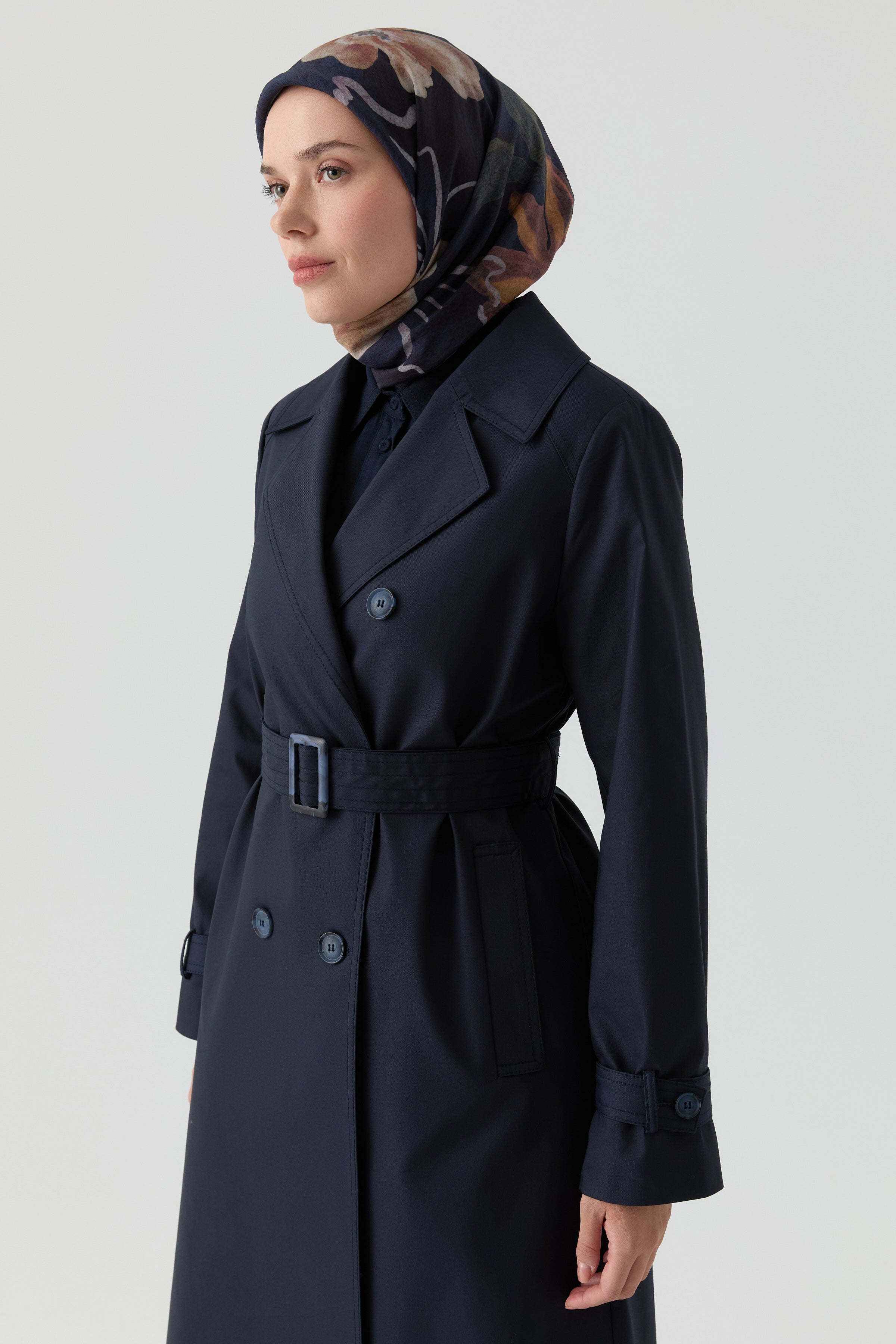 Rüzgarlık Detaylı Kruvaze Trençkot - Lacivert TUGBA