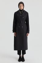 Rüzgarlık Detaylı Kruvaze Trençkot - Siyah TUGBA