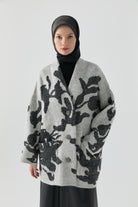 Çiçek Desenli Triko Hırka - Gri TUGBA