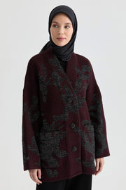 Çiçek Desenli Triko Hırka - Bordo TUGBA