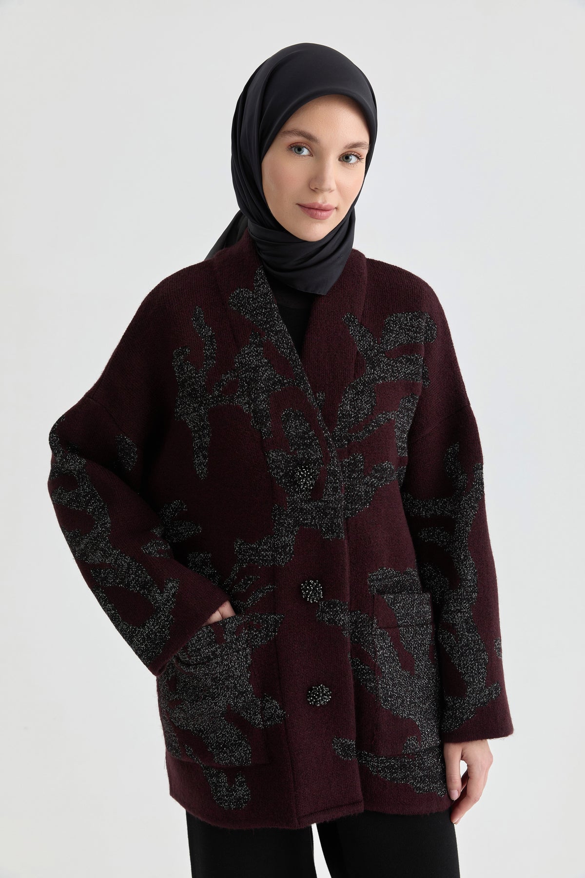 Çiçek Desenli Triko Hırka - Bordo TUGBA