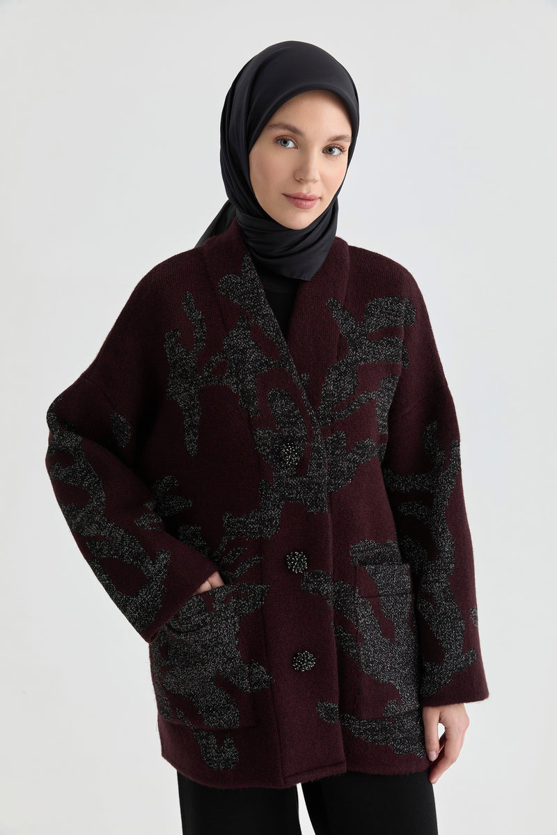 Çiçek Desenli Triko Hırka - Bordo TUGBA