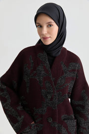 Çiçek Desenli Triko Hırka - Bordo TUGBA