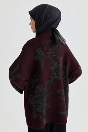 Çiçek Desenli Triko Hırka - Bordo TUGBA